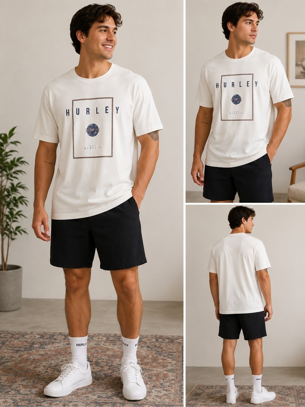 Hurley White Tee with Blue Logo Print